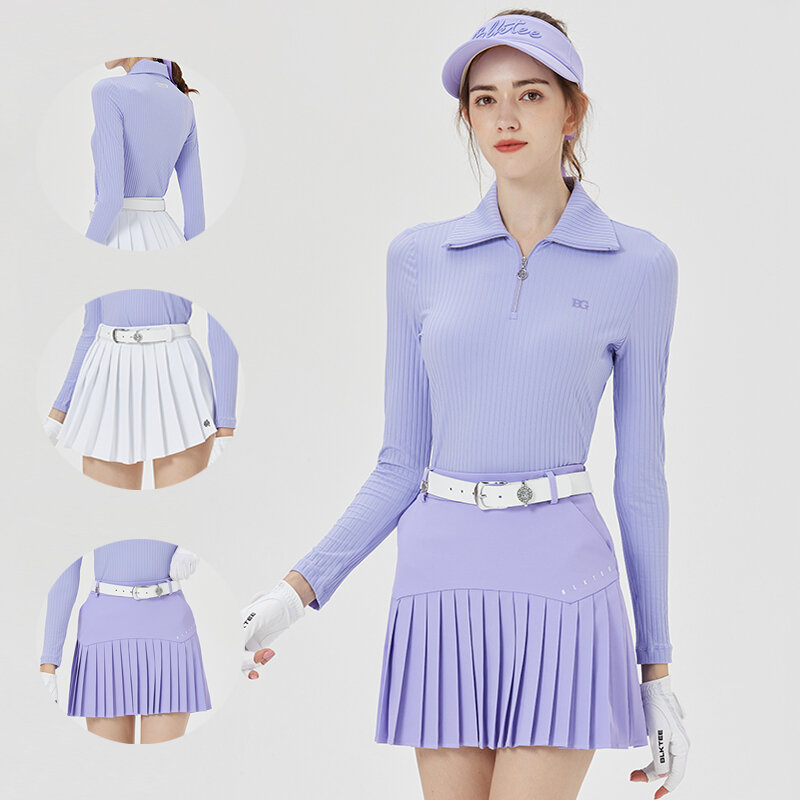 Blktee Ladies Zipper Lapel Shirt Slim Long Sleeve Golf T-shirt Women Anti-exposure Skirt Pleated High Waist Skorts Classic Suits