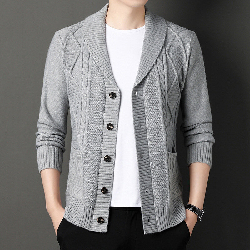 Autumn New Thicken Knitted Cardigan Sweater Men Loose Turn-Down Collar Diamonds Sweater Single Breasted Solid Casual Sweater