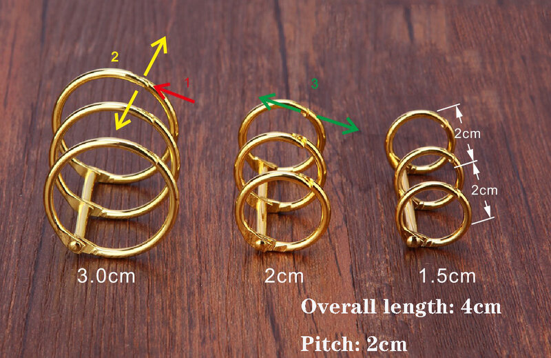 Golden Notebook Binding Ring, Anel Aberto, Loose-Button Binding Clip, Calendário Binding Hoop, 3 Anéis, 2pcs