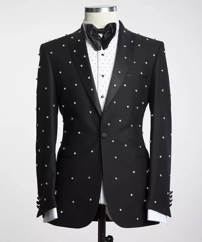 Traje Formal de cristal para hombre, conjunto de 2 piezas, Blazer + Pantalones, esmoquin de boda de novio negro, de doble botonadura abrigo, chaqueta hecha a medida