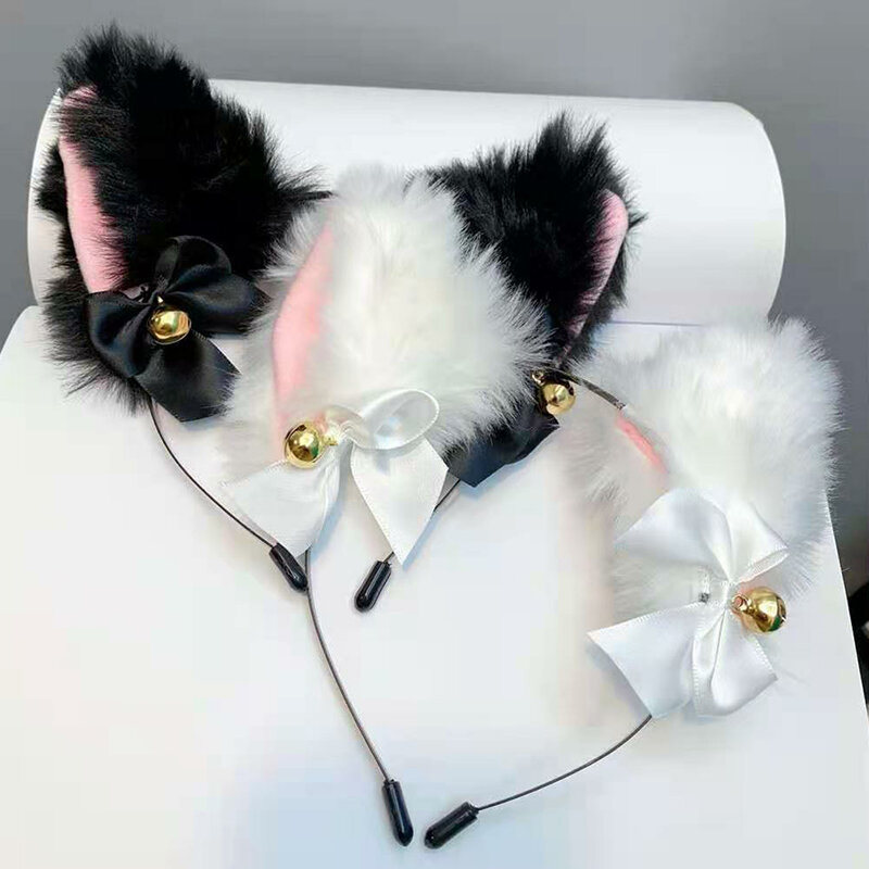 Diadema Sexy con orejas de gato para mujer y niña, collar de lazo de encaje, diadema de campana de felpa, disfraz de fiesta de Mascarada, accesorios para el cabello