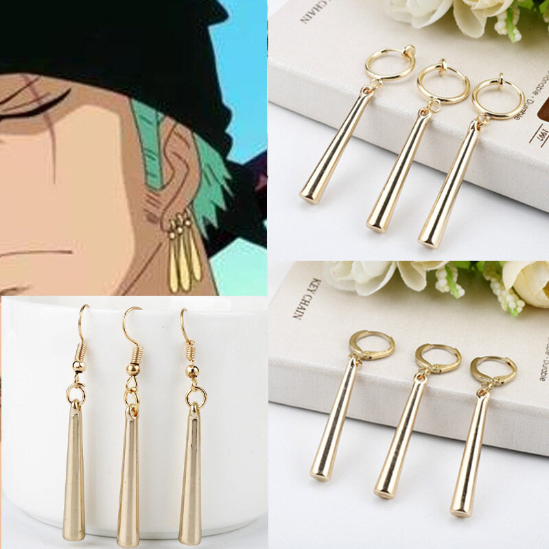 Boucles d'oreilles Anime Roronoa Zoro Cosplay pour hommes et femmes, clips d'oreille Sauron, pendentif doré, crochet, bijoux, ensemble de 3 pièces