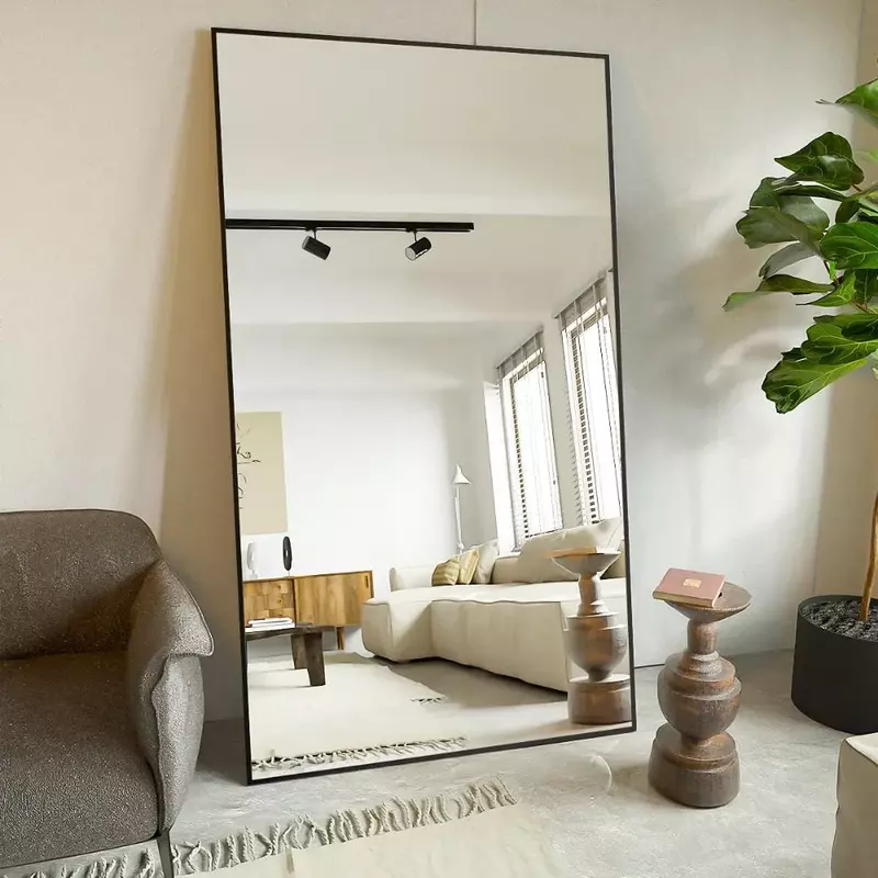 Full Length Mirror Floor Body Mirror With Stand Hanging Leaning or Standing Black Mirrors Big Large Lights Living Room Furniture