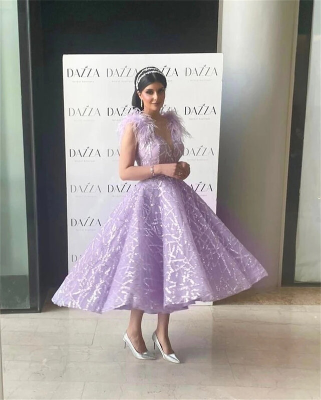 Jessica Shiny Feathers Prom Dresses Dubai Arab Luxurious Evening Dress فساتين سهره فاخره Sexy V Neck Women's Dinner Party Dress