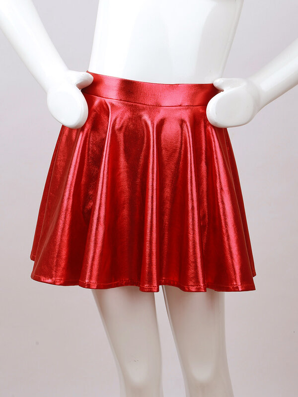 Ropa de baile brillante metálica para niñas, Top corto de retales brillante con falda de línea A, sin mangas, cuello redondo