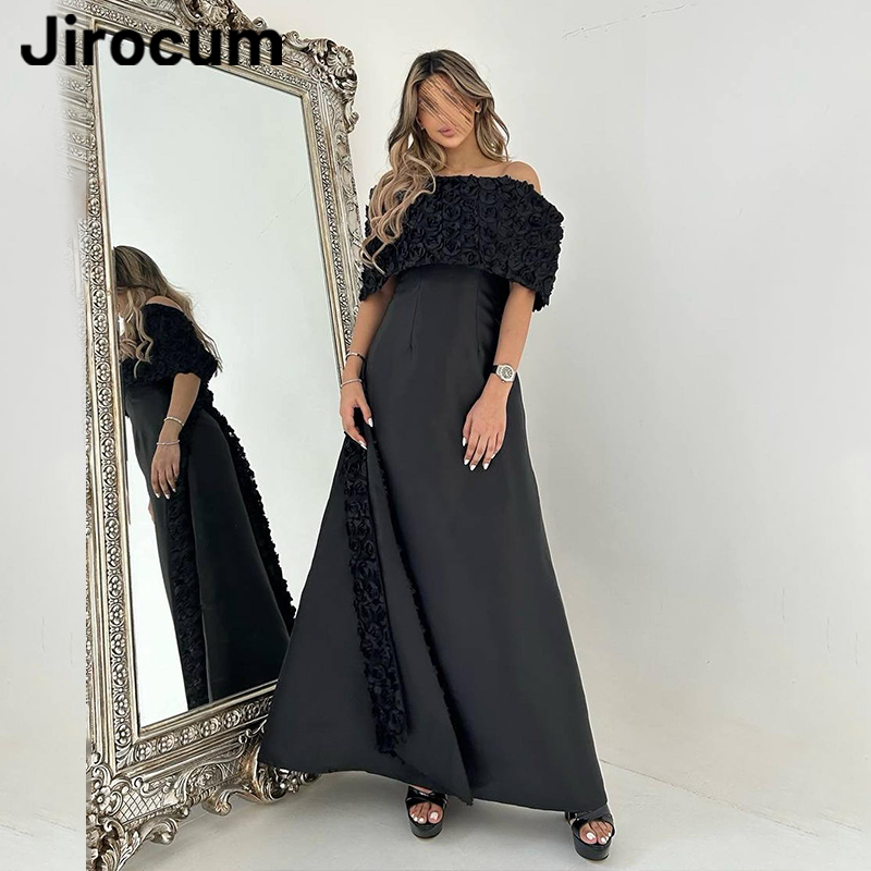 Jirocum gaun Prom bunga hitam bahu terbuka wanita tanpa lengan garis A gaun malam pesta panjang mata kaki gaun acara khusus