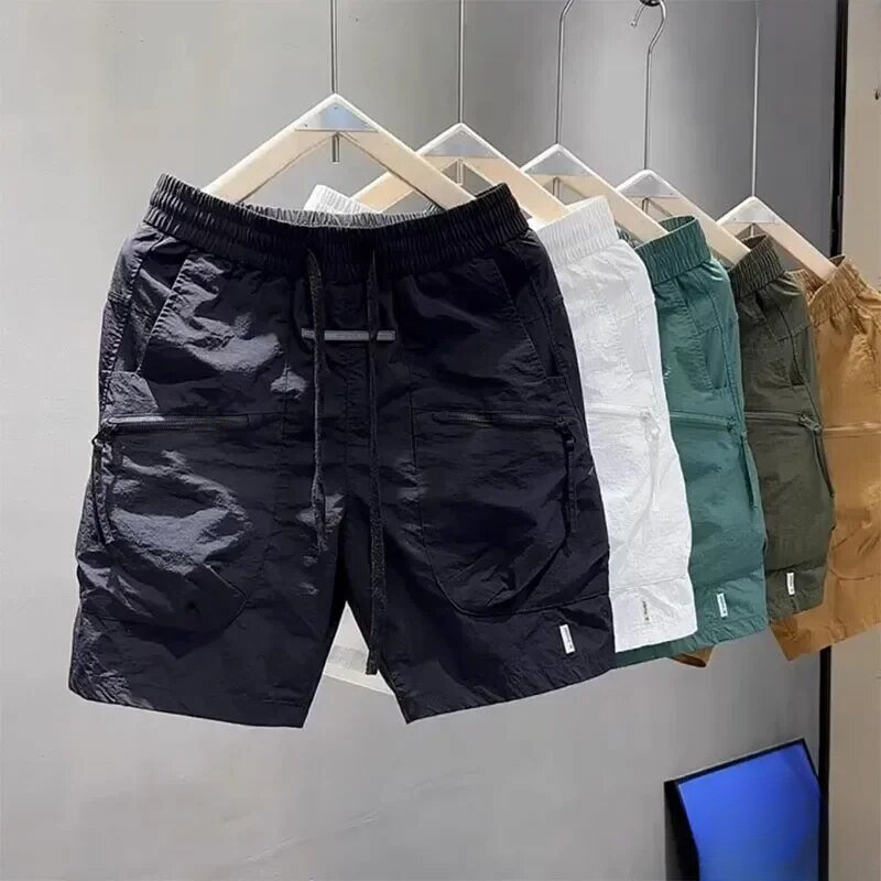 Men Summer Thin Shorts Casual Workwear Pants Pocket Zipper Solid Color Quick Dry Straight Pants Teenagers