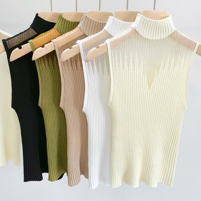Women Vest Top Mesh Patchwork Elastic Half-high Collar Knitted Vest Solid Color Sleevelss Pullover Warm Lady Summer Tank Top