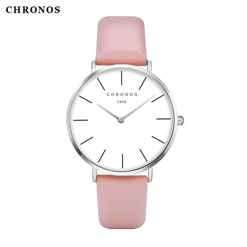 As mulheres assistem simples Dial moda costura Chronos lado pulseira de couro minimalista vermelho rosa senhoras quartzo relógio de pulso CH02