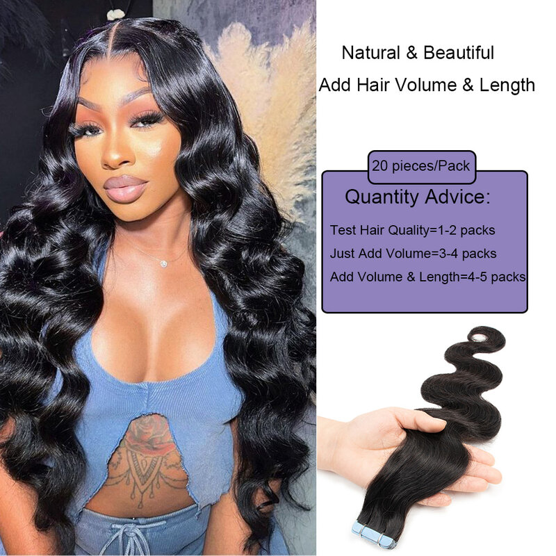 20pcs/pack Natural Body Wave Tape in Human Hair Extensions 12-26 inch Tape In Human Hair real human hairBrazilian Hair Extension