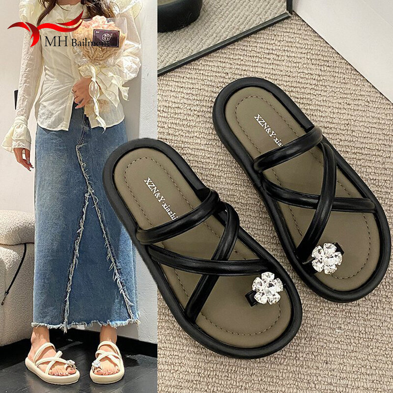 Women's Fashion Summer New Toe Set Shiny Crystal Slippers Cross Tie Thick Sole Wearing Beach Comfortable Sandals