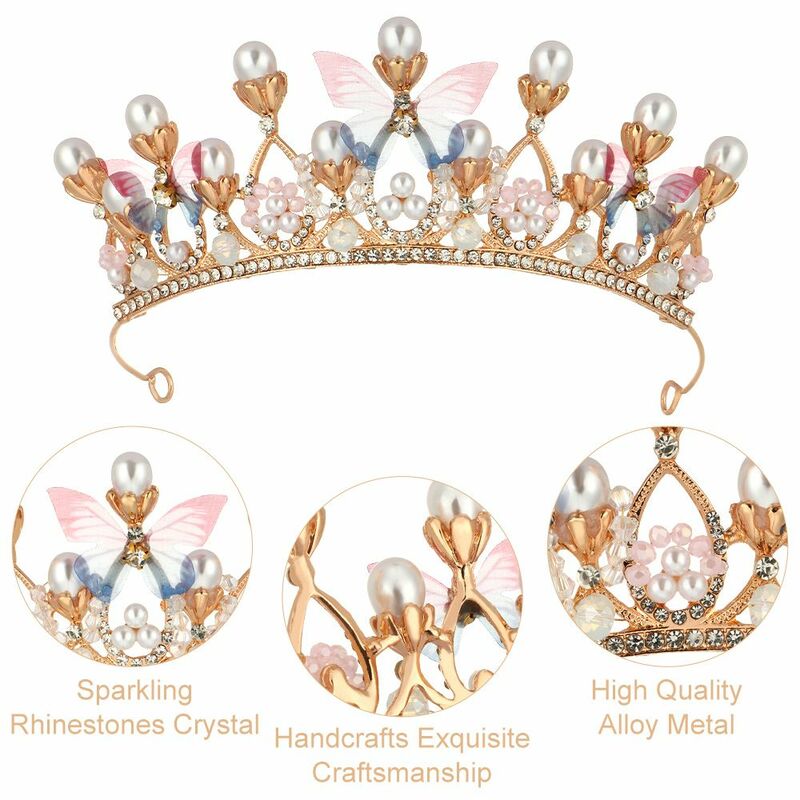 Princess Crown For Girls Butterfly Tiaras Birthday Crystal Crown Performance Wedding Model Catwalk Handmade Pearl Crystal Tiara
