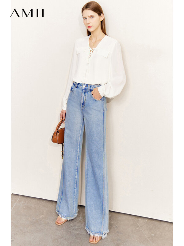 AMII Jeans Minimalis Wanita Musim Gugur Kasual Pinggang Tinggi 100% Katun Celana Lebar Kaki Celana Panjang Denim Lurus Korea 12270354