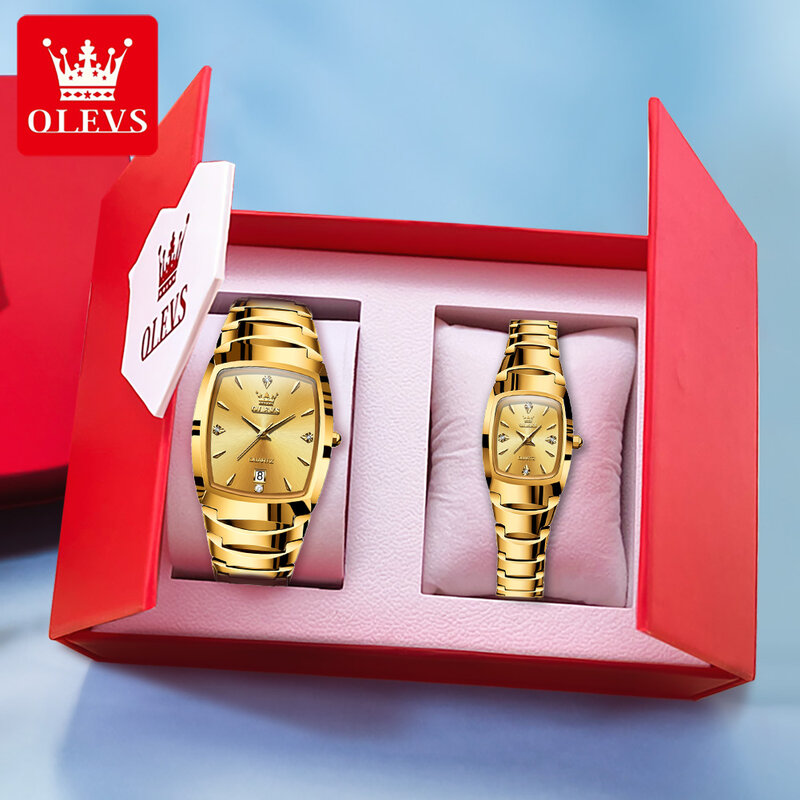 OLEVS-Reloj de pulsera de acero de tungsteno para parejas, cronógrafo de lujo dorado Original, resistente al agua, con fecha, su y ella, conjunto de regalo de aniversario