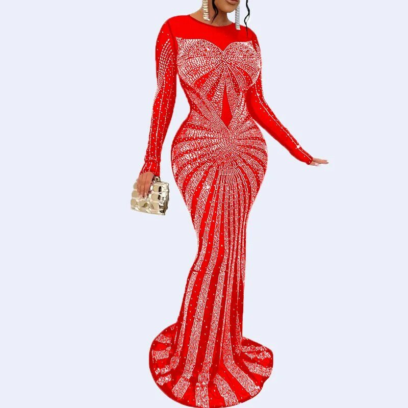 Gaun panjang wanita Eropa dan Amerika gaun lengan panjang berlian imitasi panas perspektif jala warna polos gaun musim panas modis 2024