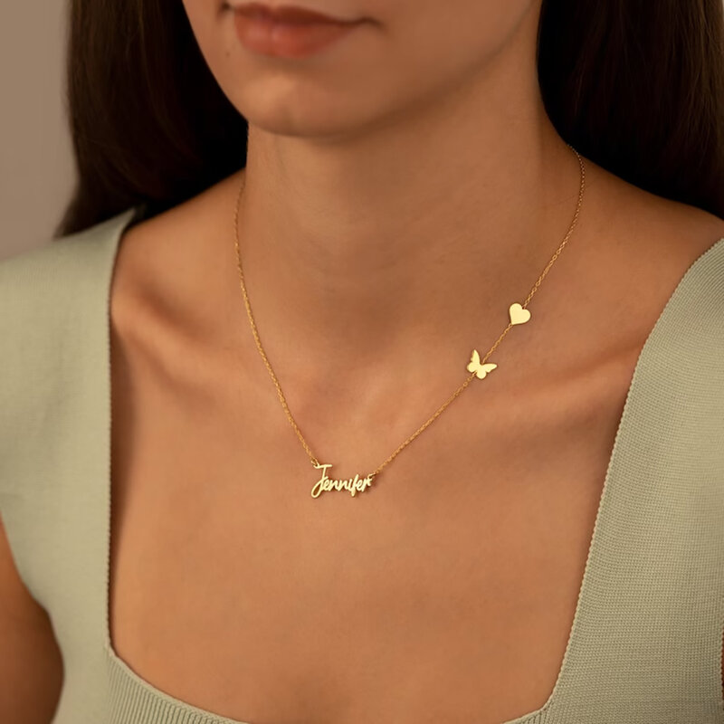 Benutzer definierte Name Halskette für Frauen Männer Gold Silber Edelstahl Herz Schmetterlinge Anhänger Schmuck Geschenk Großhandel Direkt vertrieb neu