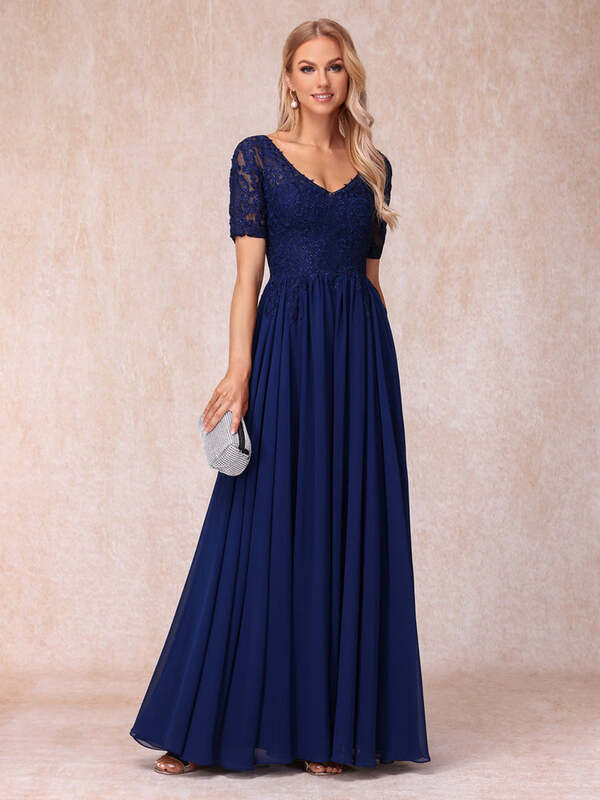 Elegant Chiffon A-Line V-Neck Short Sleeves Gowns Mother Of The Bride For Wedding With Appliques Backless Formal Evening Dresses