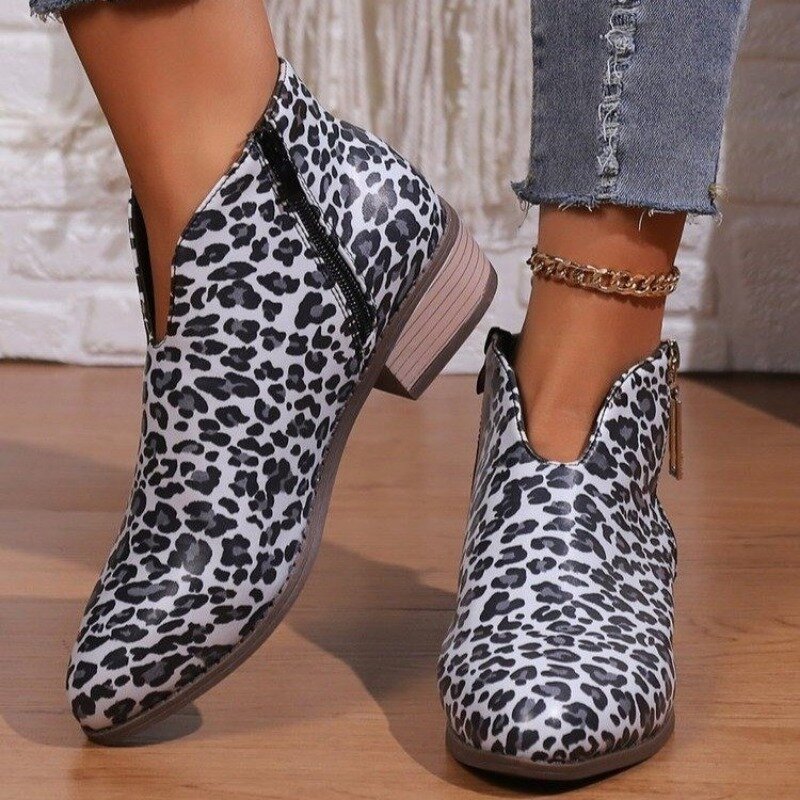 Zimowe 2023 nowe damskie Chelsea Boots szpiczaste botki wzór w cętki buty damskie boczny zamek błyskawiczny skóra na co dzień