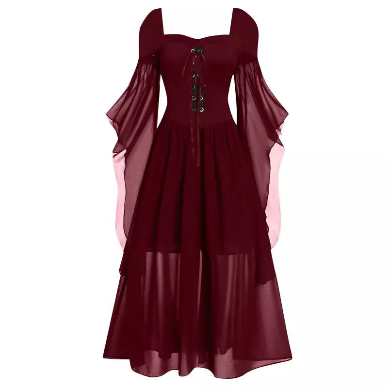 빈티지 할로윈 중세 마녀 원피스 여성용 플러스 사이즈 콜드 숄더 나비 소매 고딕 드레스, 카니발 원피스 파티