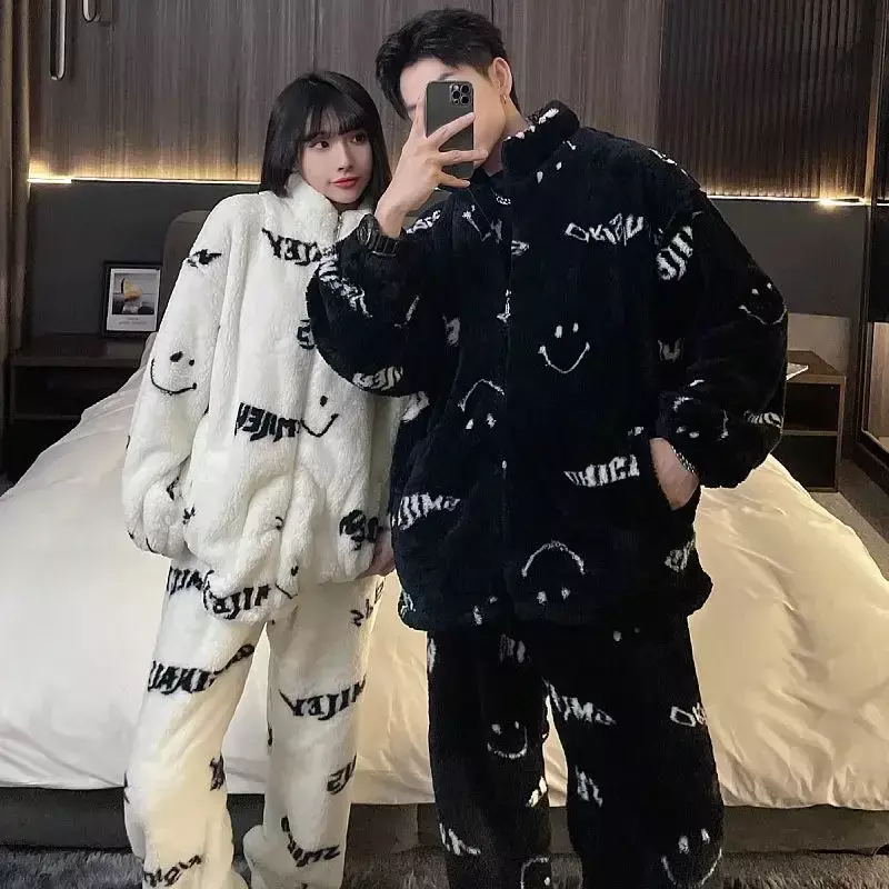 Korean personality fashion couple coral velvet pajamas autumn winter new loose casual suit can be worn when going out lingerie