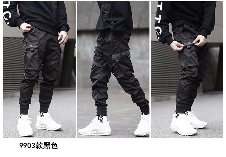 Ukryty czarny wojownik dorywczo spodnie wojskowe spadochroniarz funkcjonalne męskie spodnie Cargo Harajuku moda smukły Streetwear mężczyźni biegacze
