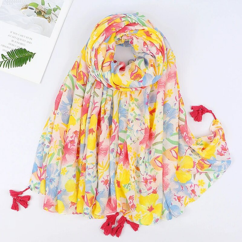 Bohemian Floral Tassel Viscose Hijab Scarf for Muslim Women Flower Shawl Wrap Pashmina Stole Foulard Femme Hijabs Women Scarves