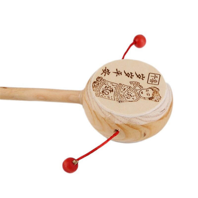 Sonajero giratorio tradicional chino de dibujos animados de madera, campana de mano de tambor, Juguete Musical para bebé