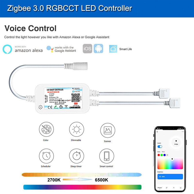 Zigbee 3.0 LED Strip Light Dimmer, controlador inteligente, DC12V, 24V, 5050, 3528, RGB, RGBWW, RGBCCT, COB, 2MQTT, Tuya, Alexa, Google