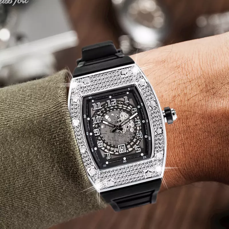 Reloj de pulsera de cuarzo para hombre, cronógrafo de lujo con diamantes ostentosos, estilo Hip Hop, Tonneau