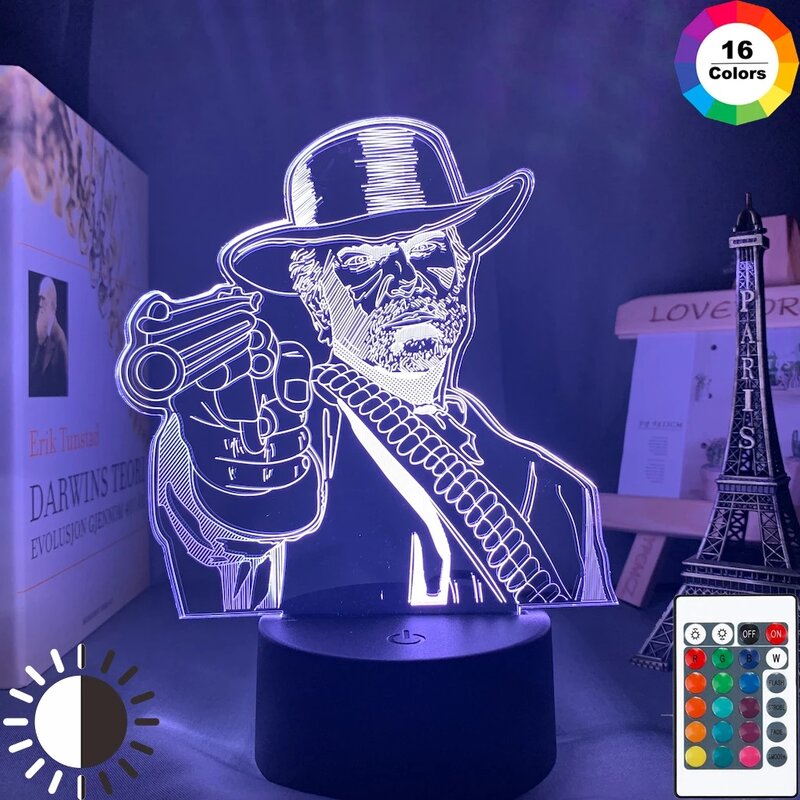 Lampe 3D en acrylique pour décor de salle de jeux, veilleuse RDR2, figurine Arthur Morgan, veilleuse LED pour enfants, cadeau de jeu Red Frequency Redemption 2