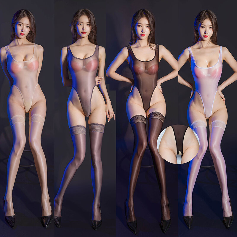 Lingerie jala wanita seksi Bodysuit mengilap tembus pandang halus halus Jumpsuit tanpa tali stoking renda piyama Thong erotis wanita