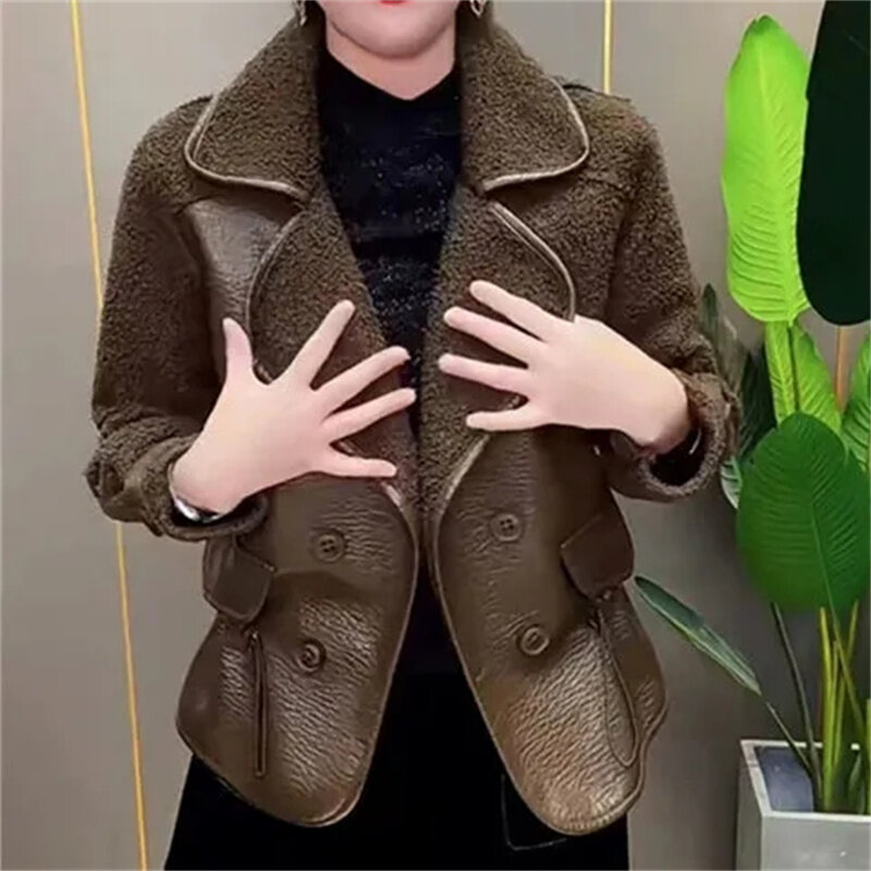 Jaqueta de couro PU feminina, dois lados, casaco solto, blusa veste, integração de pele e pele, nova moda, outono e inverno
