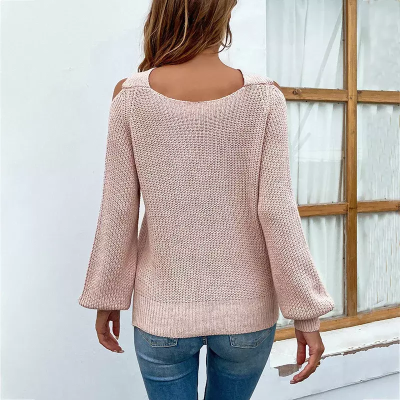 Sweter warna polos Halter silang mode seksi musim gugur musim dingin 2023 pakaian wanita Semua cocok jumper lengan panjang bahu terbuka