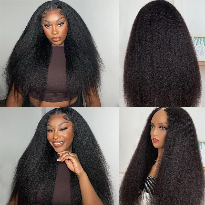 U Part Kinky Straight Wigs Human Hair No Leave Out 22 inches Glueless Brazilian Hair V Shape Yaki Straight Wig Natural Color