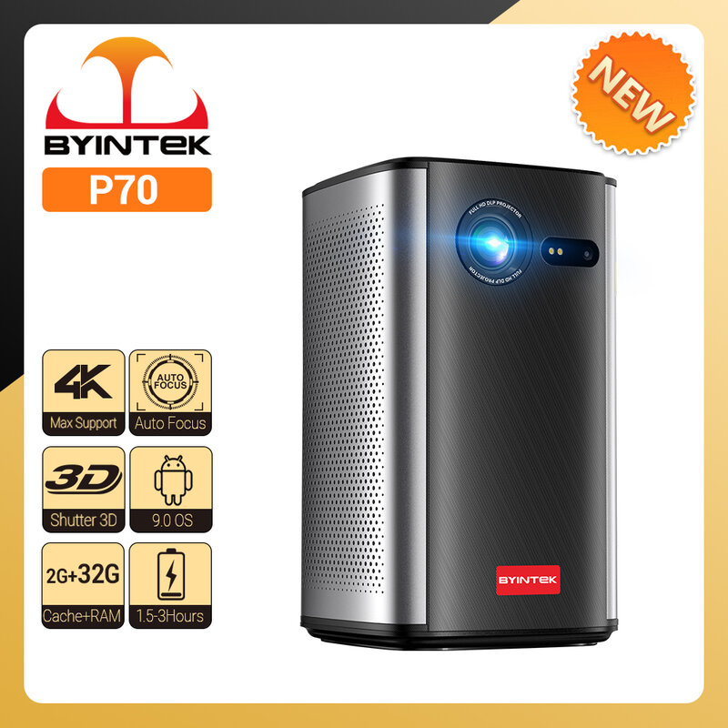 BYINTEK-miniproyector portátil P70, 3D, 4K, DLP, enfoque automático, inteligente, Android, WiFi, LED, 1080P, para cine en casa, con batería