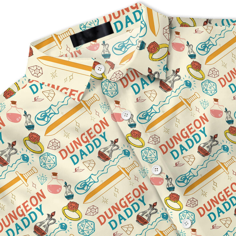 Dungeon Daddy 남성용 그래픽 셔츠, 3D 프린트, 재미있는 하와이안 셔츠, 패션 캐주얼 Y2k 탑 라펠