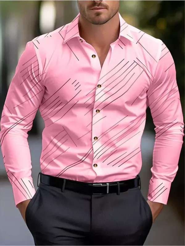 Camisa hawaiana de manga larga con botones y solapa para hombre, ropa de calle informal con estampado a rayas, 2024