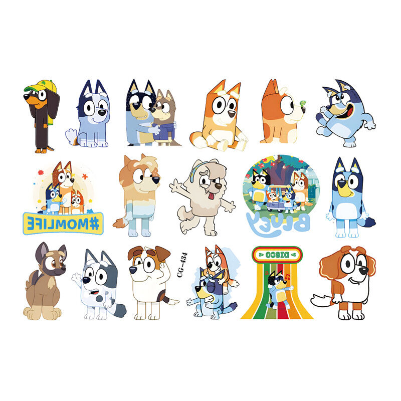 ملصقات وشم عائلة Bluey للاستخدام مرة واحدة ، ملصقات نقل المياه ، هدية كلب أزرق صغير ، مجموعة 8