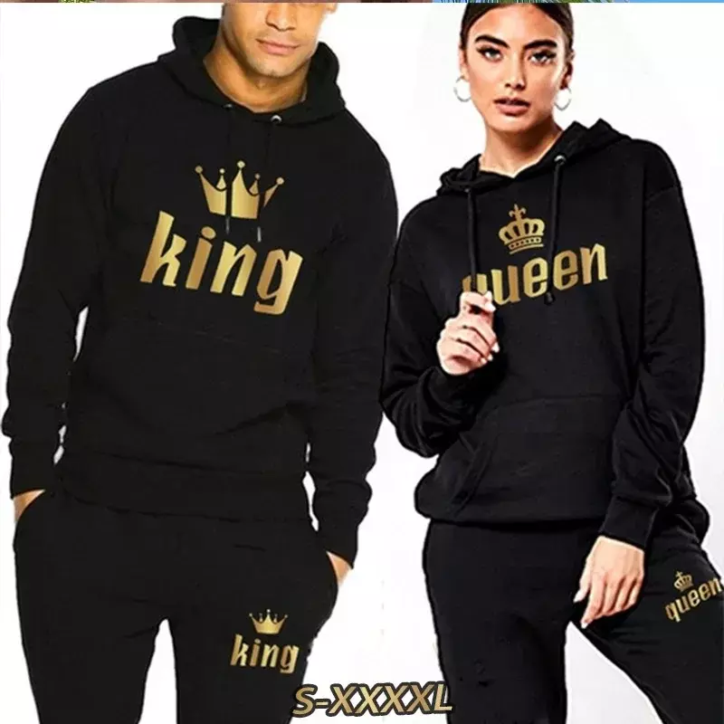 Mode Paare Sport bekleidung Set König oder Königin gedruckt Liebhaber Kapuzen anzüge Hoodie und Hosen 2 stücke Set Streetwear Männer Frauen Sweatshirt
