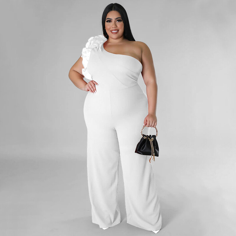 Plus Size One Piece Clothing Women Mesh One Shoulder Casual Outfit Lady Wide Leg Pants 2023 Spring Female Fashion 4xl Jumpsuit