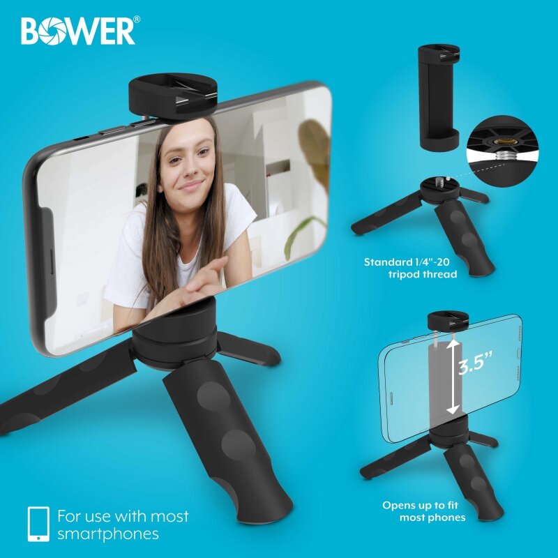 Bower Mobile Top Grip Tripé, Montagem em sapata fria, Suporte para smartphone de 360 graus, Compatível com luzes LED