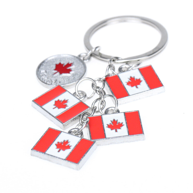 FIMAODZ Kanada Gantungan Kunci Souvenir Daun Maple Bendera Peta Perjalanan Liontin Gantungan Kunci Mode Panjang Logam Gantungan Kunci Perhiasan untuk Pria Wanita