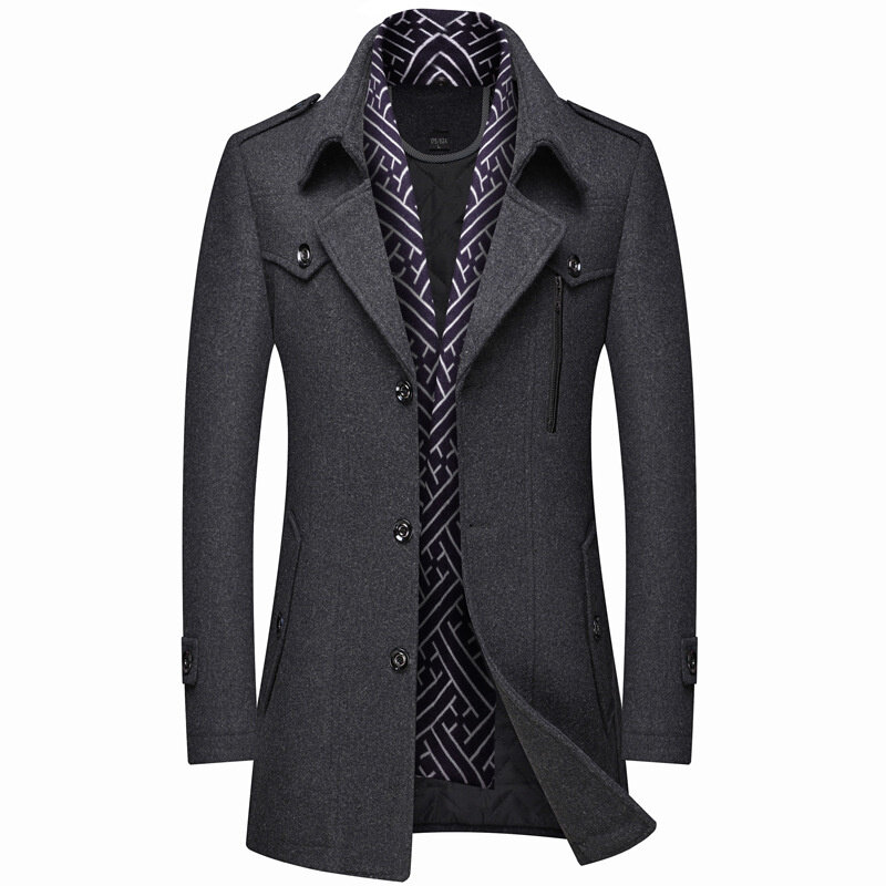 남성용 겨울 모직 코트, 두꺼운 중간 길이 트렌치, 단색 턴 다운 칼라, 따뜻한 겉옷, 비즈니스 캐주얼 울 코트, 패션