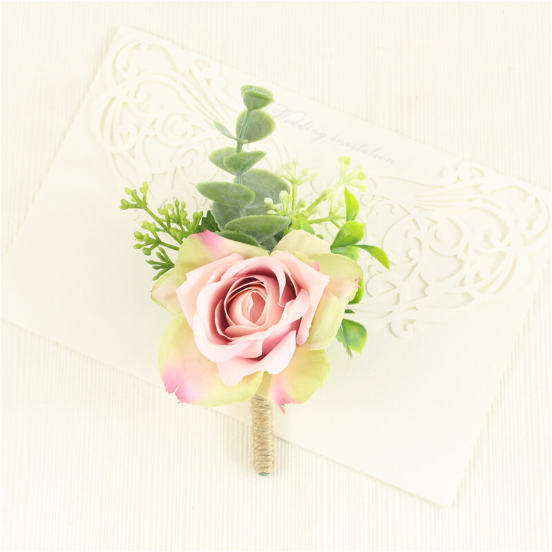 Meldel Boutonniere dan Pergelangan Tangan Corsage Bunga Buatan Sutra Rose Pernikahan Merah Muda Gadis Gelang Pria Bros Pin Groom Boutonniere