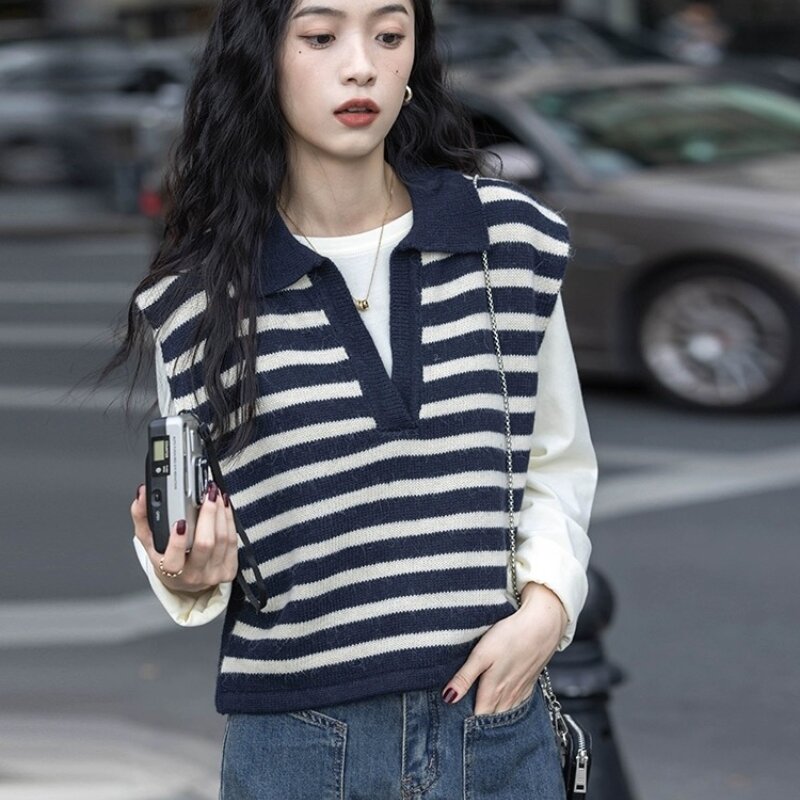 Layered lapel striped vest for women's spring sleeveless French fashion with exquisite imitation wool pullover knit top sweater