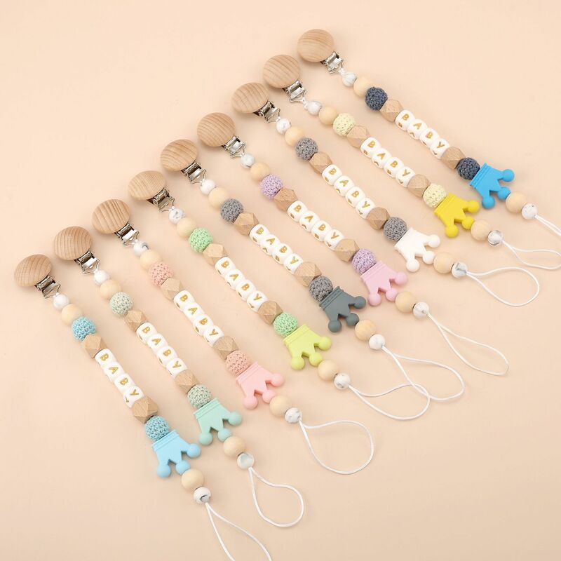 INS Baby Pacifiers Clips Personalized Name Silicone Crown Letter Gold Dummy Nipples Holder Clip Chain Teething Toys Accessories