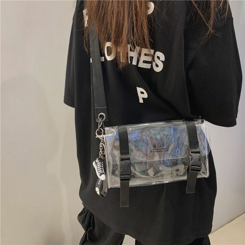 Borsa a tracolla da uomo alla moda coreana trasparente nera Flip PVC tuta da lavoro a spalla singola macchina capace borsa da salto per discoteca