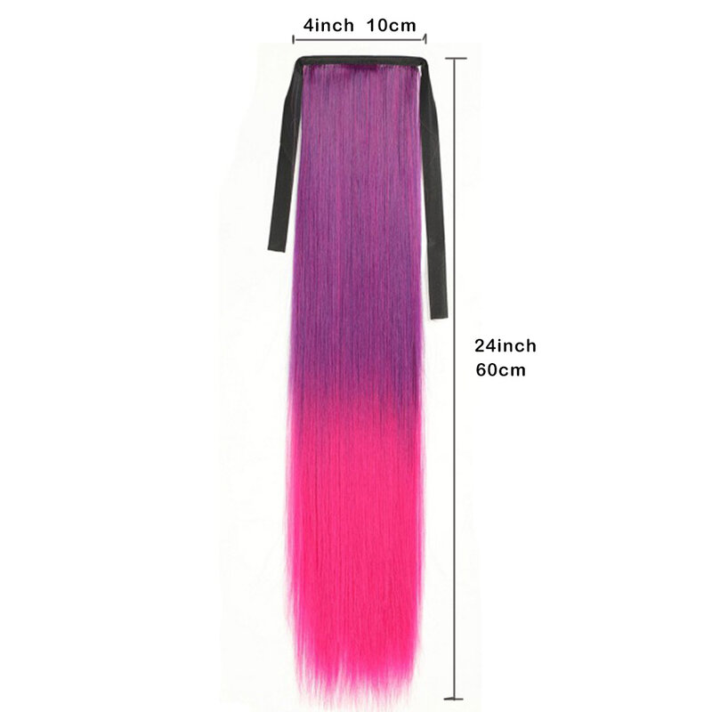 Jeelou ekor kuda sintetis warna-warni rambut sambungan warna Ombre tali pengikat lurus ekor kuda Cosplay rambut palsu biru merah muda