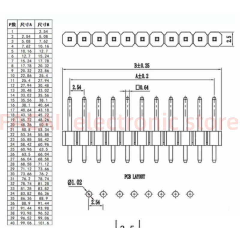 Conector de pino 2.54mm para arduino, única fileira, preto, 1p/2p/3p/4 p/40p, 100pcs/10pcs