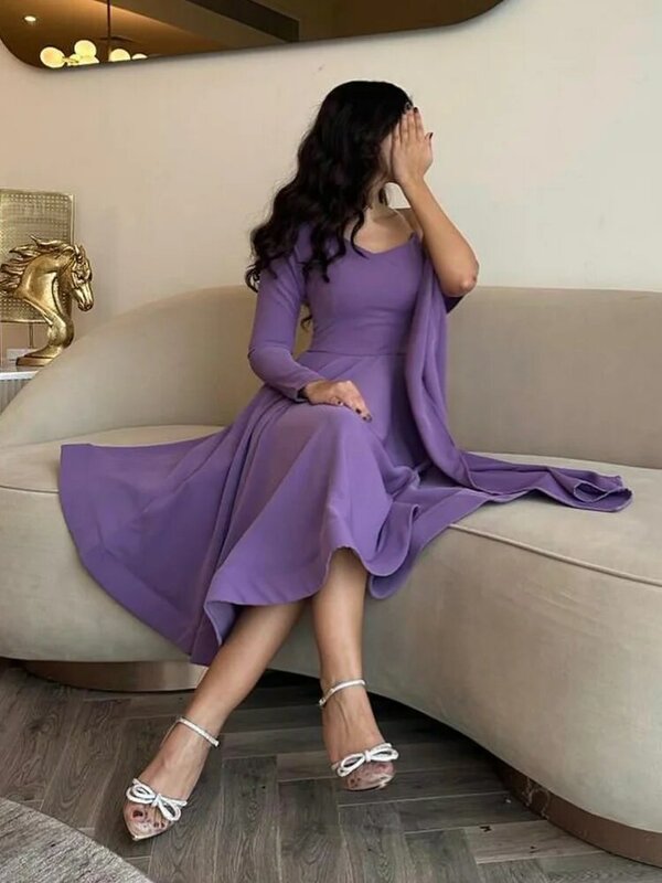 Jirocum Sexy Purple A Line Prom Dress Women's One Shoulder V Neck Party Evening Dresses Tea Length Saudi Formal Occasion Gowns